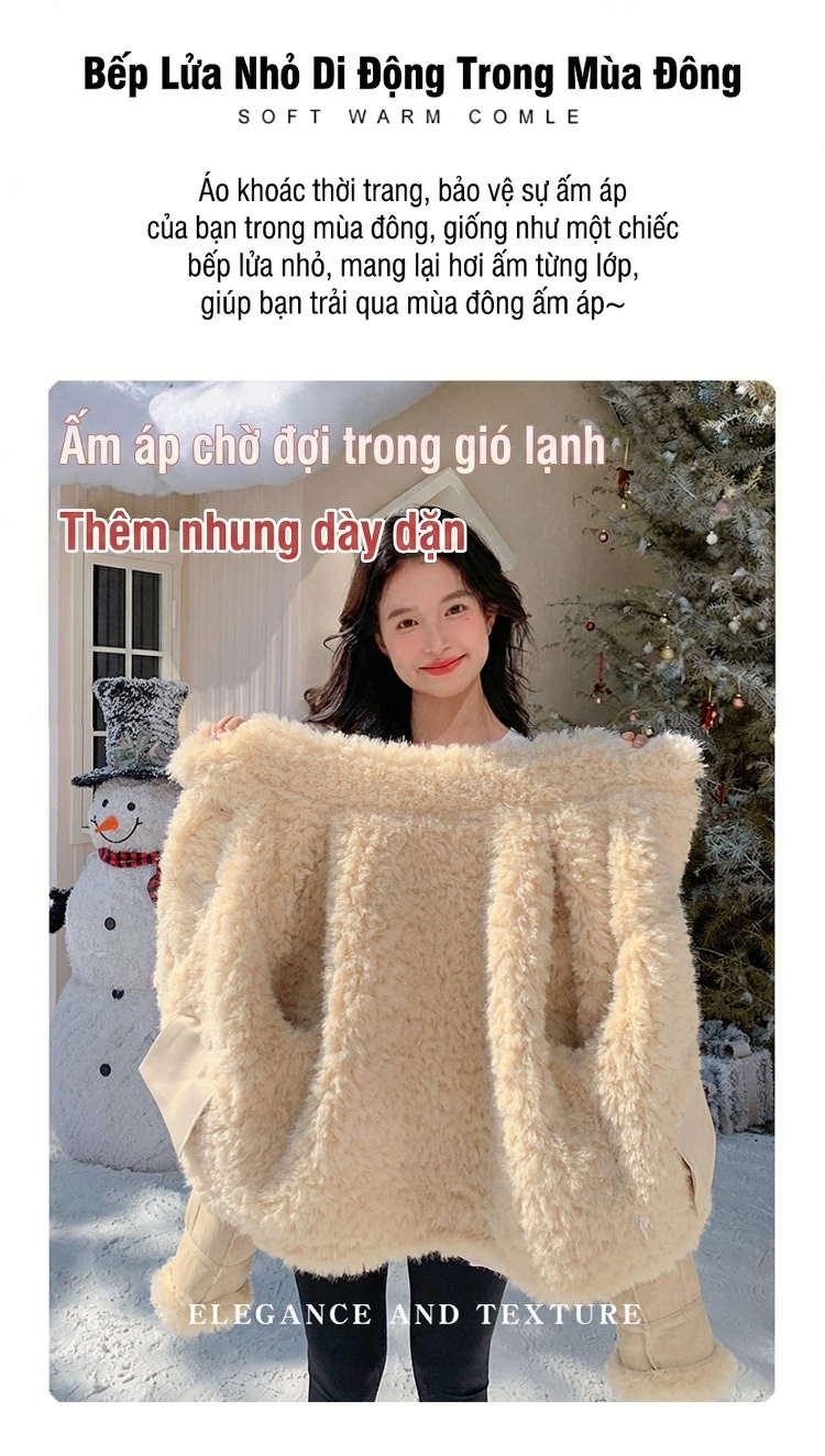Áo Khoác Lông Cừu Non Lót Lông Kiểu Bomber Nữ Chất Giả Da Lộn Màu Kem, Hồng chi tiết 4