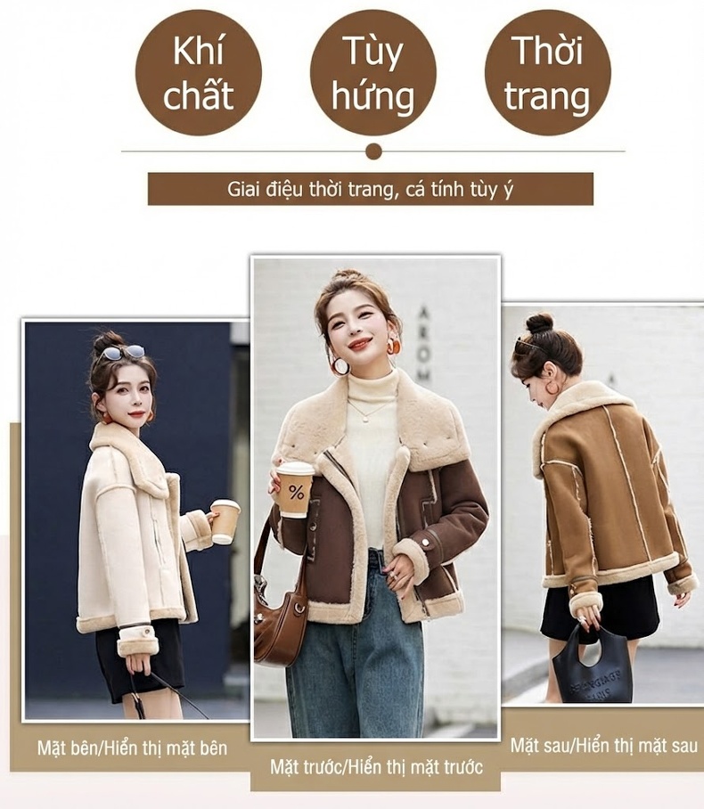 Áo Khoác Lông Cừu Non Lót Nhung Hươu Dáng Ngắn Màu Nâu, Kem chi tiết 2