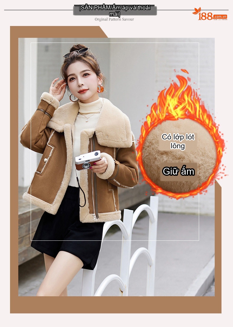 Áo Khoác Lông Cừu Non Lót Nhung Hươu Dáng Ngắn Màu Nâu, Kem chi tiết 4