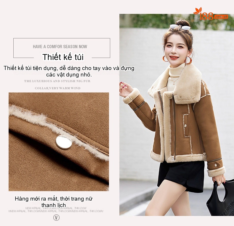 Áo Khoác Lông Cừu Non Lót Nhung Hươu Dáng Ngắn Màu Nâu, Kem chi tiết 5