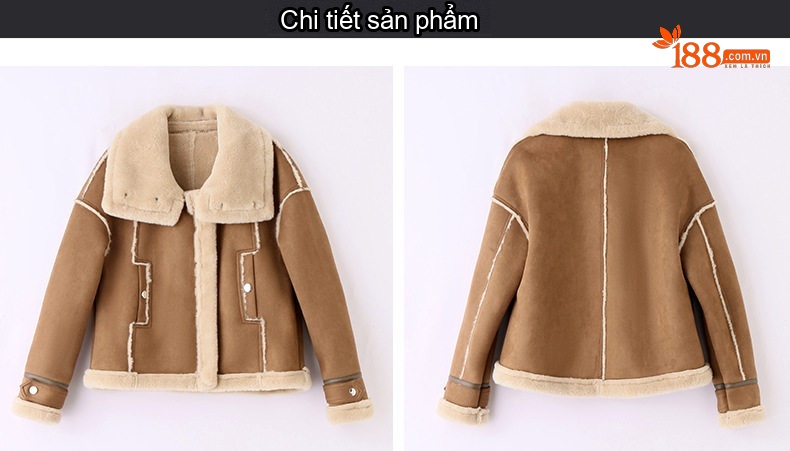 Áo Khoác Lông Cừu Non Lót Nhung Hươu Dáng Ngắn Màu Nâu, Kem chi tiết 21