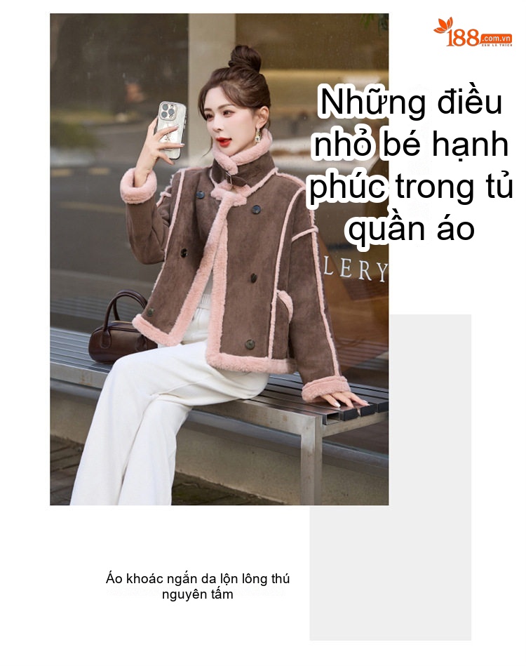 Áo Khoác Lông Cừu Non Ngắn Tay Dáng Ôm Giữ Ấm Màu Nâu, Be chi tiết 3