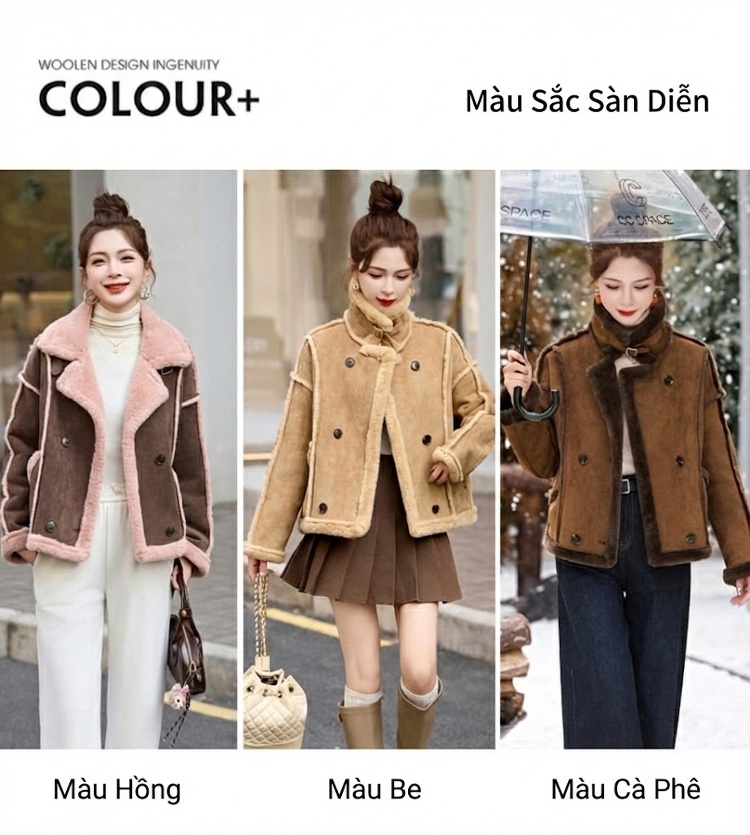 Áo Khoác Lông Cừu Non Ngắn Tay Dáng Ôm Giữ Ấm Màu Nâu, Be chi tiết 4