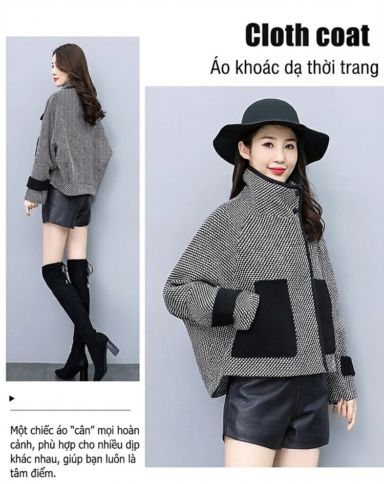 Áo Khoác Lông Cừu Non Ngắn Tay Lỡ Dáng Croptop Họa Tiết Caro Màu Xám, Đen chi tiết 3