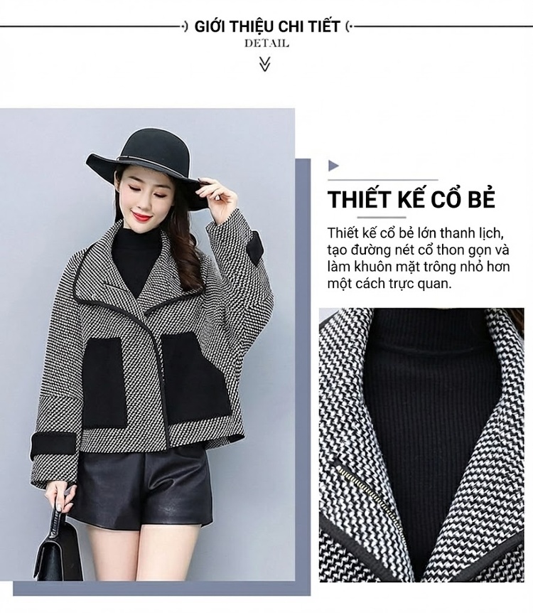 Áo Khoác Lông Cừu Non Ngắn Tay Lỡ Dáng Croptop Họa Tiết Caro Màu Xám, Đen chi tiết 4