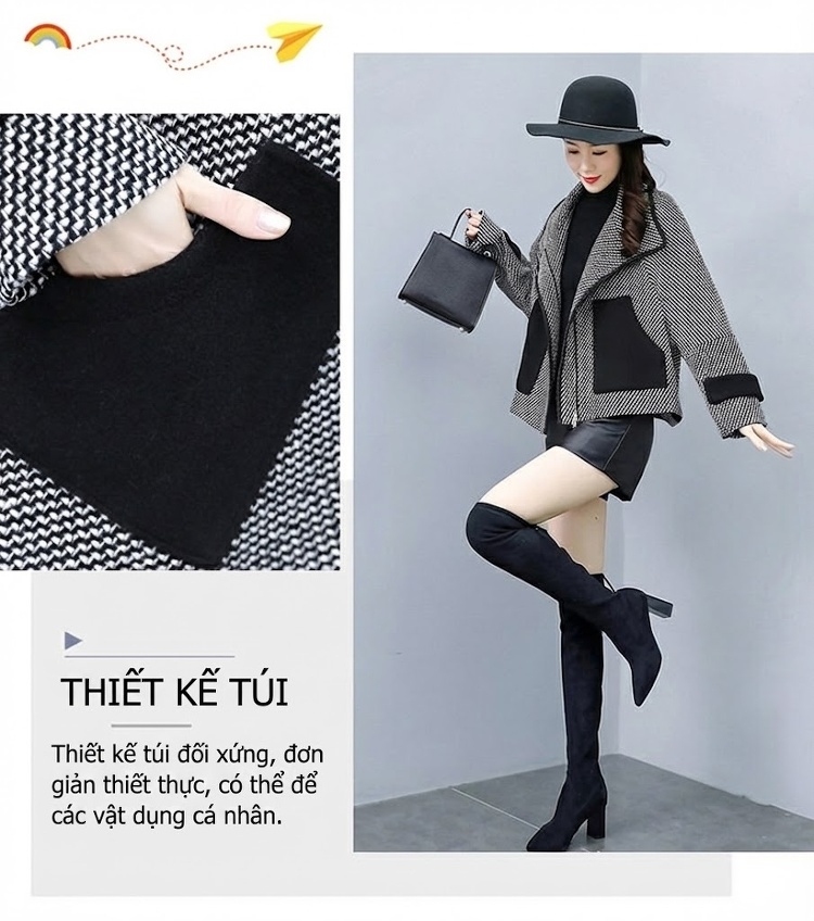 Áo Khoác Lông Cừu Non Ngắn Tay Lỡ Dáng Croptop Họa Tiết Caro Màu Xám, Đen chi tiết 6