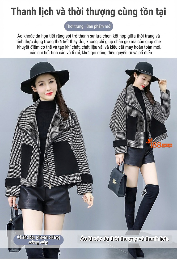 Áo Khoác Lông Cừu Non Ngắn Tay Lỡ Dáng Croptop Họa Tiết Caro Màu Xám, Đen chi tiết 2