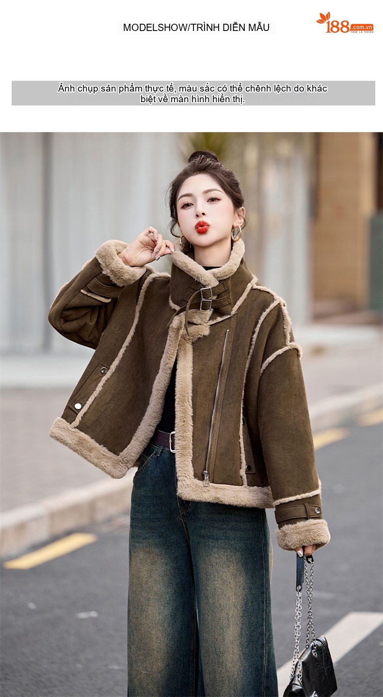Áo Khoác Lông Cừu Non Nữ Dáng Ngắn Hàn Quốc Dáng Rộng Giữ Ấm Màu Nâu, Đỏ chi tiết 12