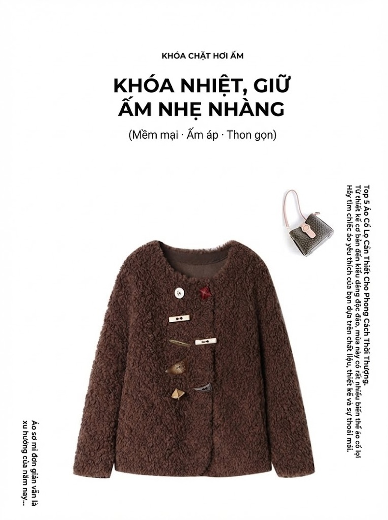 Áo Khoác Lông Cừu Non Nữ Dáng Ngắn Kiểu Cúc Gỗ Dày Dặn Màu Nâu, Kem chi tiết 4