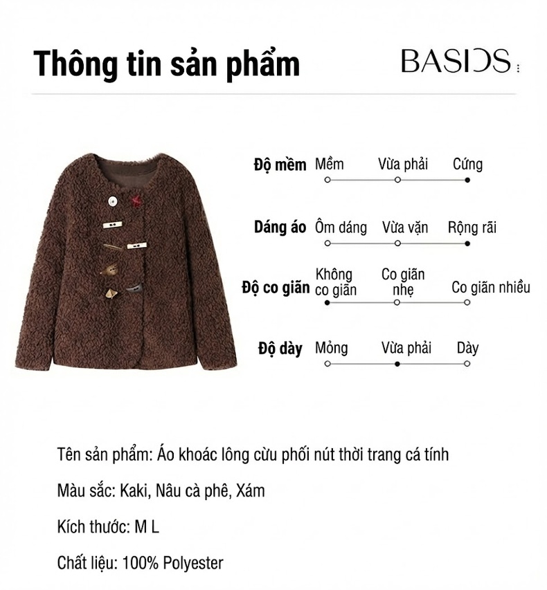 Áo Khoác Lông Cừu Non Nữ Dáng Ngắn Kiểu Cúc Gỗ Dày Dặn Màu Nâu, Kem chi tiết 11