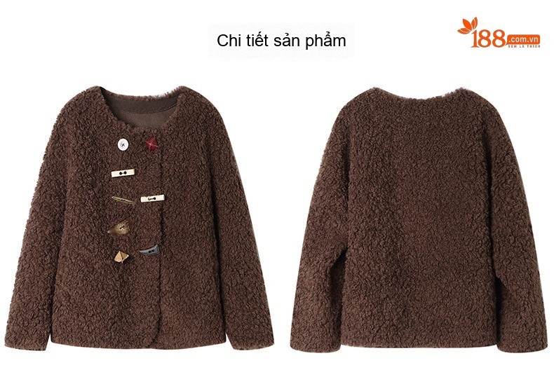 Áo Khoác Lông Cừu Non Nữ Dáng Ngắn Kiểu Cúc Gỗ Dày Dặn Màu Nâu, Kem chi tiết 29