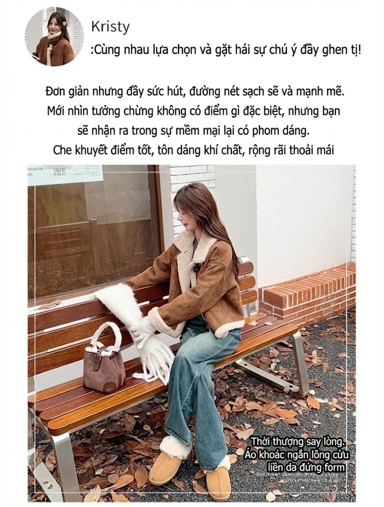 Áo Khoác Lông Cừu Non Nữ Dáng Ngắn Lót Nhung Giả Da Lộn Màu Nâu chi tiết 2