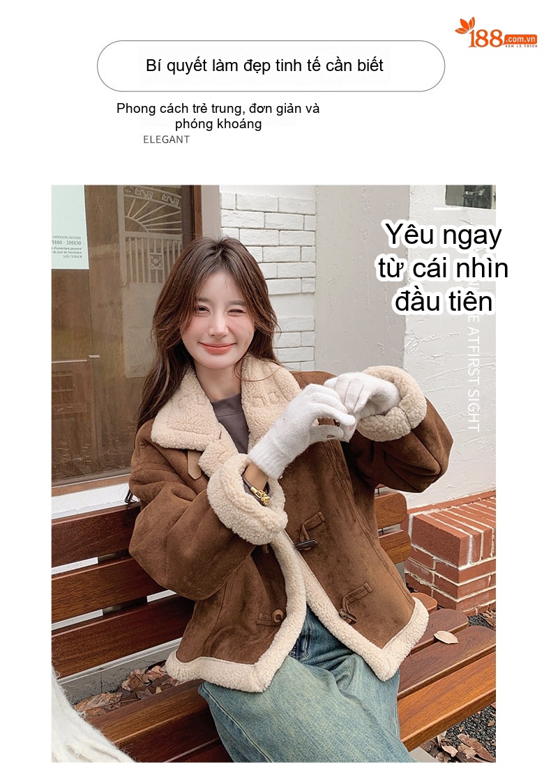 Áo Khoác Lông Cừu Non Nữ Dáng Ngắn Lót Nhung Giả Da Lộn Màu Nâu chi tiết 4