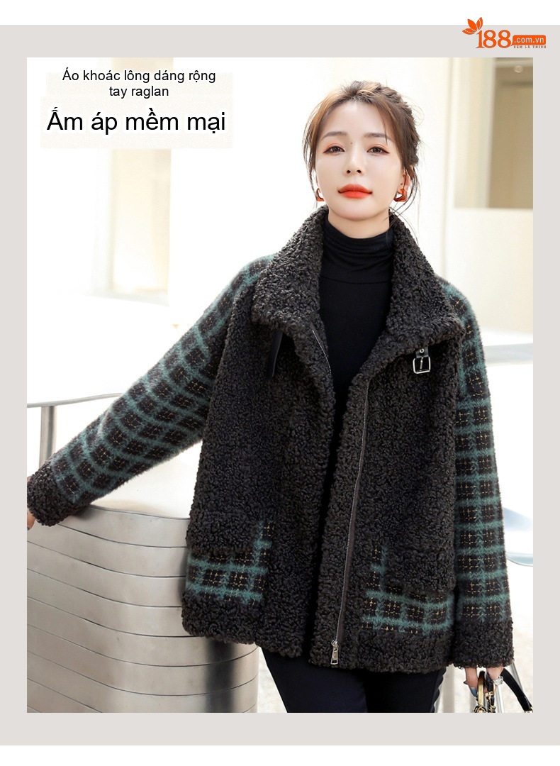 Áo Khoác Lông Cừu Non Nữ Ngắn Tay Dài Dáng Rộng Họa Tiết Kẻ Caro Màu Xám, Xanh chi tiết 5