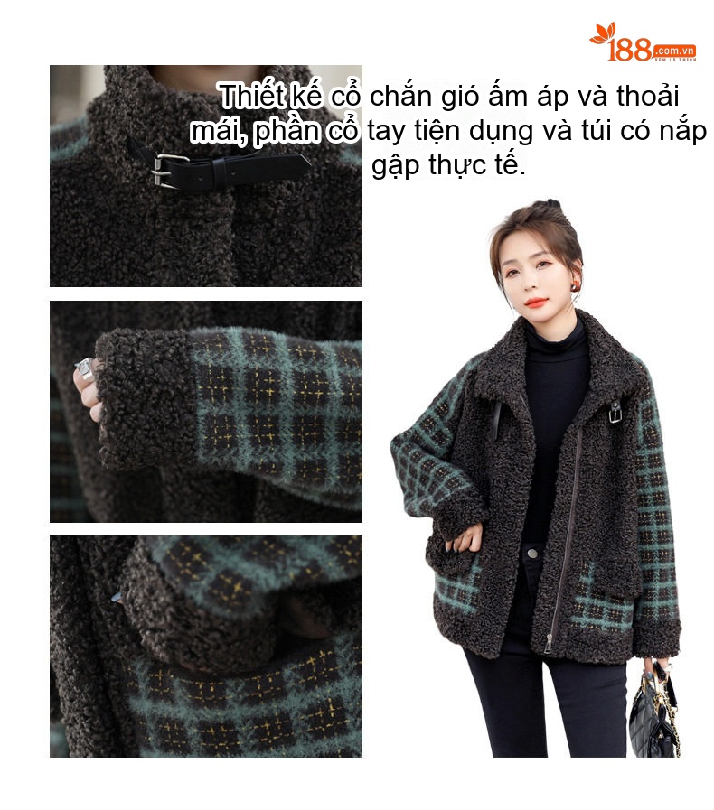 Áo Khoác Lông Cừu Non Nữ Ngắn Tay Dài Dáng Rộng Họa Tiết Kẻ Caro Màu Xám, Xanh chi tiết 6