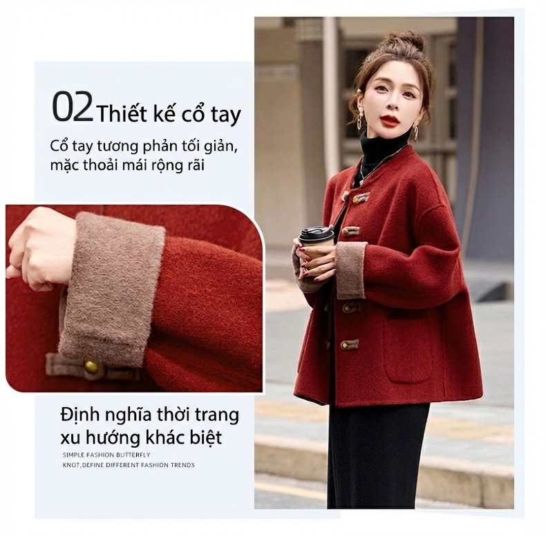 Áo Khoác Lông Cừu Nữ Phong Cách Trung Hoa Tân Thời Thượng Cao Cấp Màu Đỏ, Nâu chi tiết 8