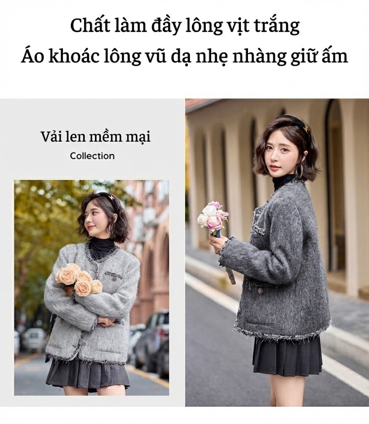 Áo Khoác Lông Vũ Nữ Dáng Ngắn Chất Liệu Nỉ Cao Cấp Màu Xám chi tiết 2