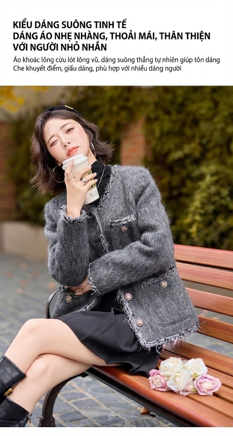 Áo Khoác Lông Vũ Nữ Dáng Ngắn Chất Liệu Nỉ Cao Cấp Màu Xám chi tiết 4