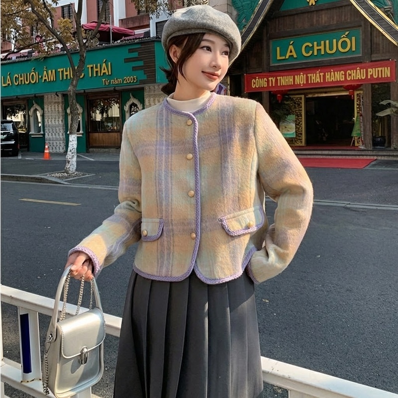 Áo Khoác Lông Vũ Nữ Lót Lông Nhung Ngắn Tay Áo Dạ Phong Cách Tiểu Thư