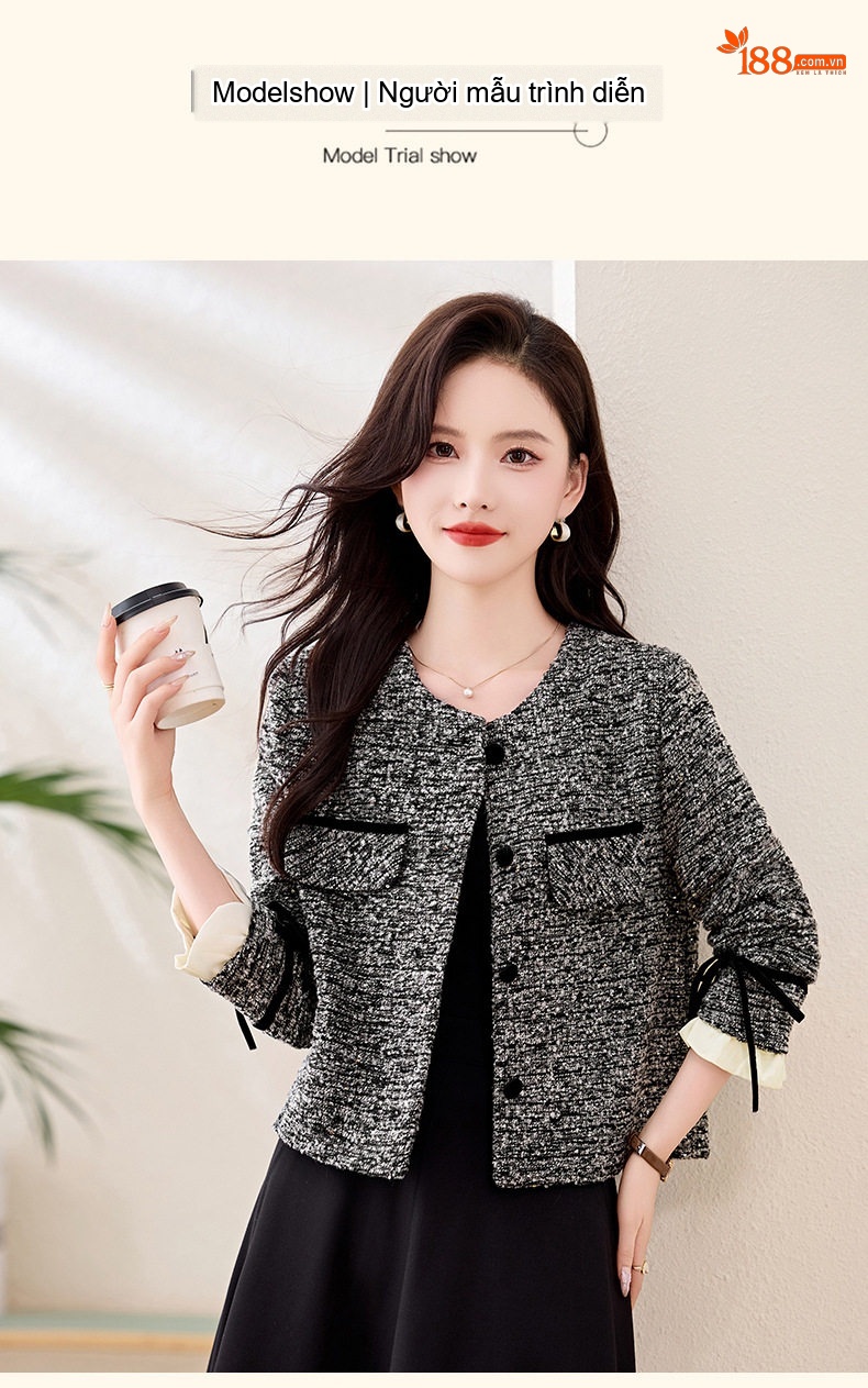 Áo Khoác Lửng Nữ Cổ Tròn Tay Dài Thiết Kế Tiểu Thư Thanh Lịch Màu Xám chi tiết 9