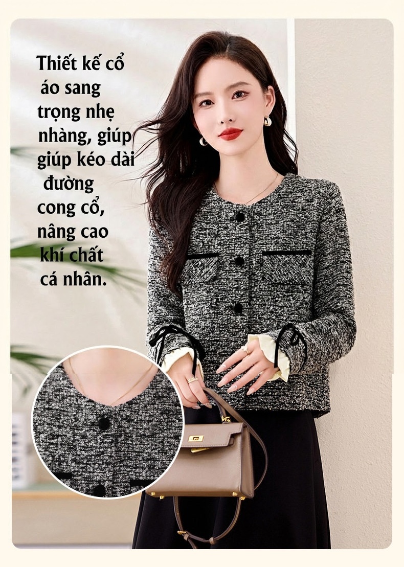 Áo Khoác Lửng Nữ Cổ Tròn Tay Dài Thiết Kế Tiểu Thư Thanh Lịch Màu Xám chi tiết 4