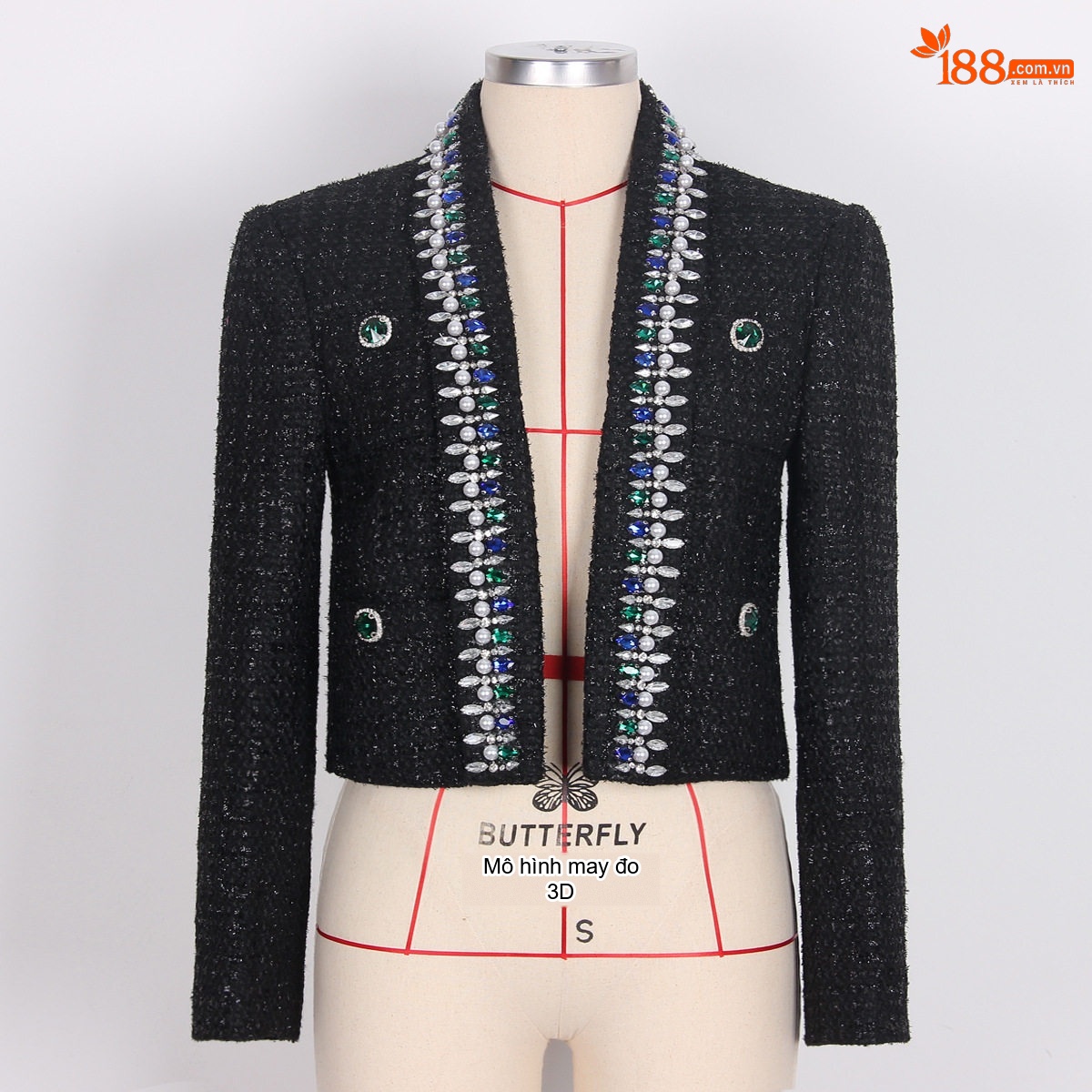 Áo Khoác Lửng Nữ Dệt Kim Đính Hạt Phong Cách Quý Cô Thanh Lịch Màu Đen chi tiết 2