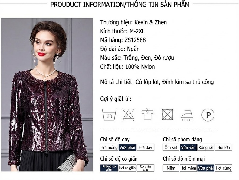 Áo Khoác Lửng Nữ Đính Cườm Thủ Công Phong Cách Quý Phái Màu Tím Đỏ, Đen chi tiết 1