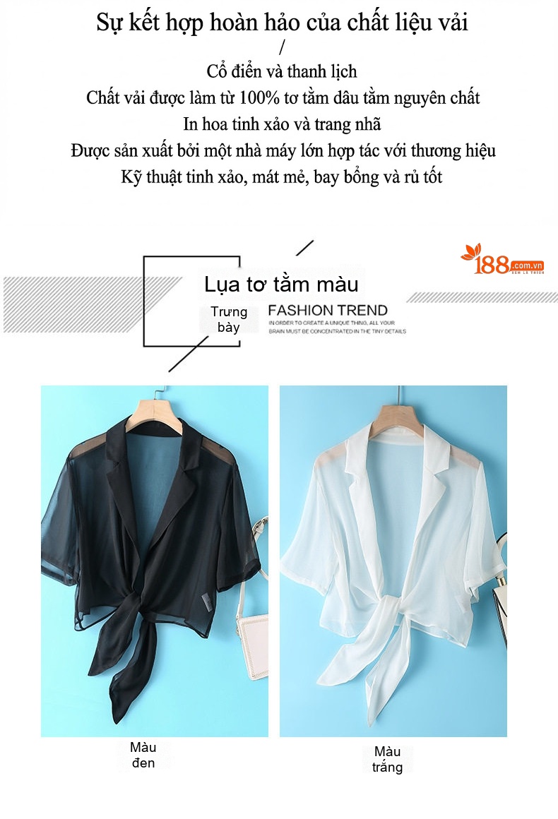 Áo Khoác Lửng Nữ Mỏng Mùa Hè Cổ chữ Vest Dáng Rộng Thắt Dây Chất Liệu Lụa Tằm Màu Trắng, Đen chi tiết 2