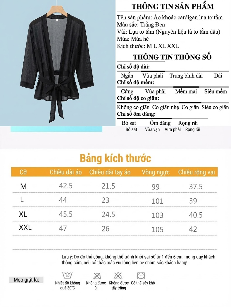Áo Khoác Lửng Nữ Mỏng Mùa Hè Cổ chữ Vest Dáng Rộng Thắt Dây Chất Liệu Lụa Tằm Màu Trắng, Đen chi tiết 4