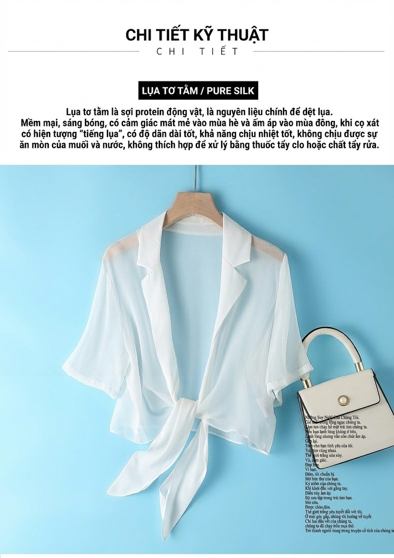 Áo Khoác Lửng Nữ Mỏng Mùa Hè Cổ chữ Vest Dáng Rộng Thắt Dây Chất Liệu Lụa Tằm Màu Trắng, Đen chi tiết 10