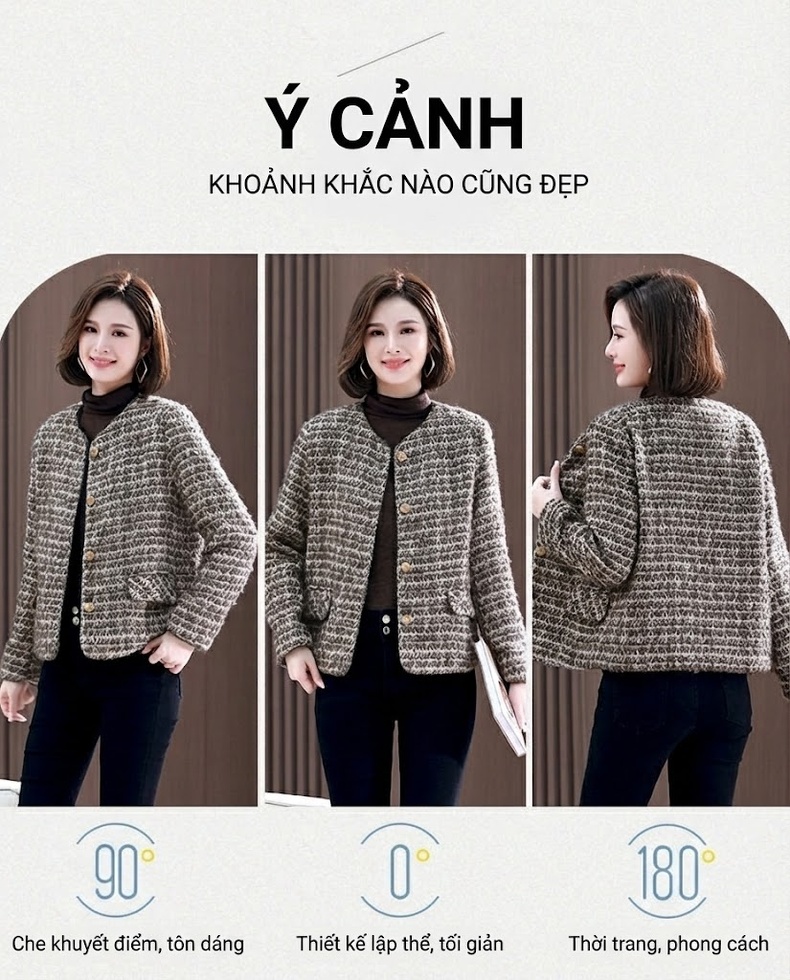 Áo Khoác Lửng Nữ Phong Cách Tiểu Thư Chất Liệu Lông Cừu Màu Nâu, Kem chi tiết 4