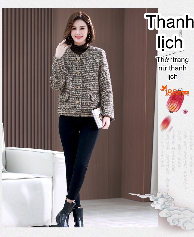 Áo Khoác Lửng Nữ Phong Cách Tiểu Thư Chất Liệu Lông Cừu Màu Nâu, Kem chi tiết 5