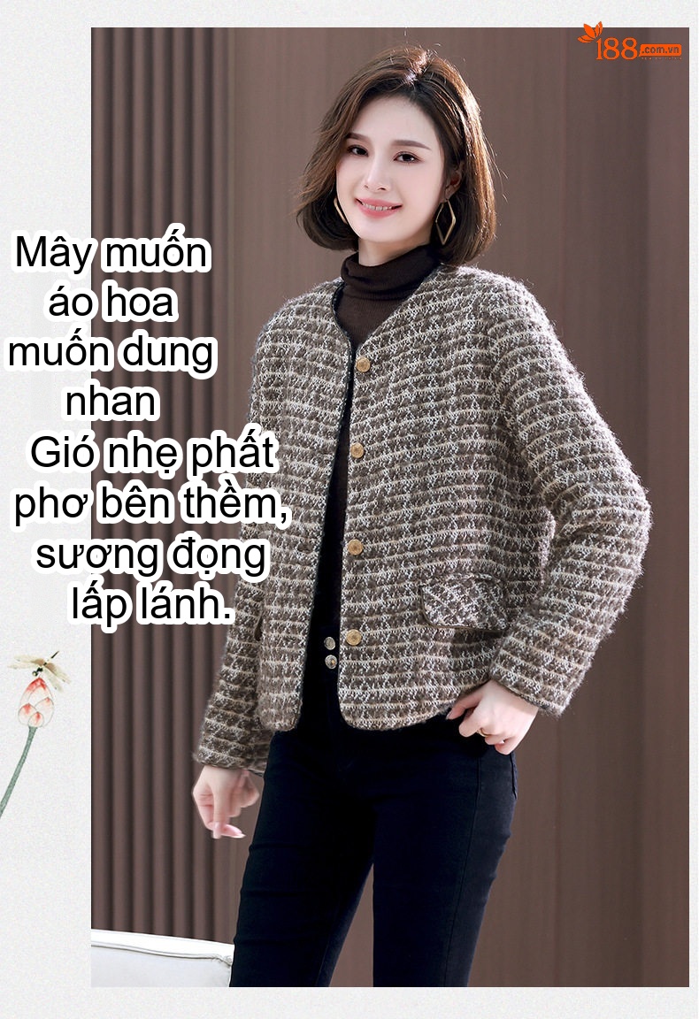Áo Khoác Lửng Nữ Phong Cách Tiểu Thư Chất Liệu Lông Cừu Màu Nâu, Kem chi tiết 11