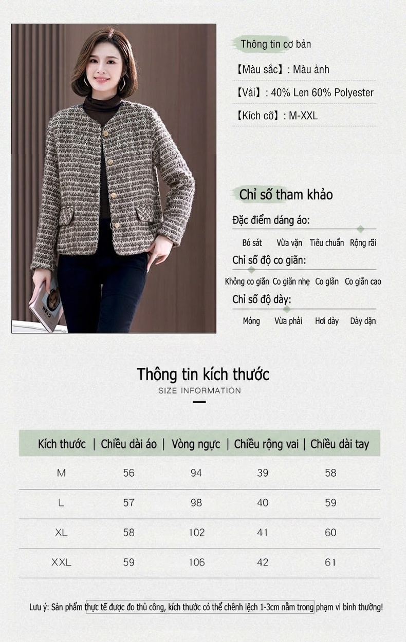 Áo Khoác Lửng Nữ Phong Cách Tiểu Thư Chất Liệu Lông Cừu Màu Nâu, Kem chi tiết 9