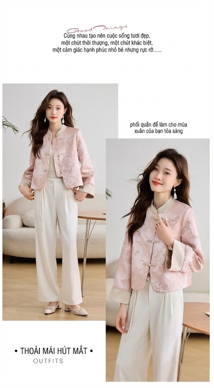 Áo Khoác Lửng Nữ Phong Cách Trung Hoa Cổ Điển Thêu Hoa Tay Lỡ Màu Trắng Kem, Hồng chi tiết 13