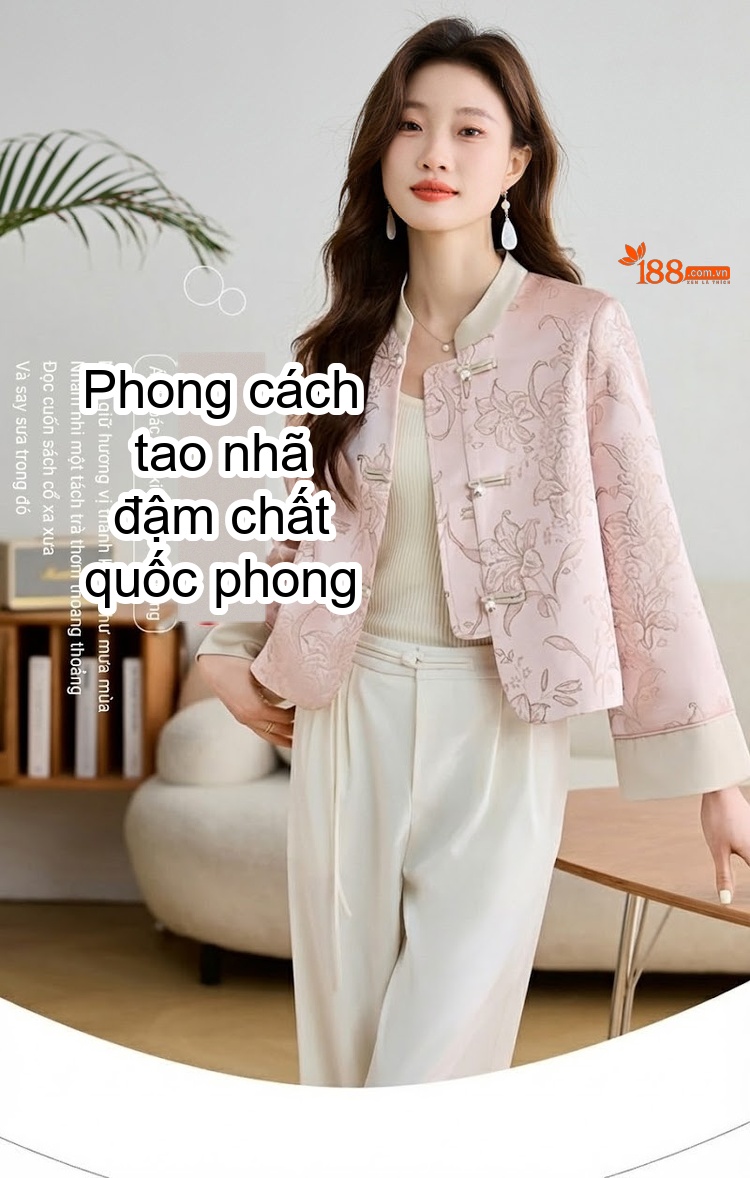 Áo Khoác Lửng Nữ Phong Cách Trung Hoa Cổ Điển Thêu Hoa Tay Lỡ Màu Trắng Kem, Hồng chi tiết 1