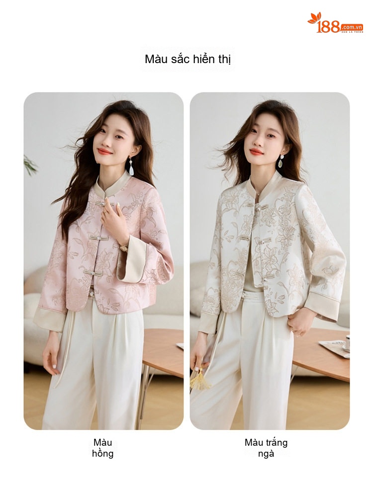 Áo Khoác Lửng Nữ Phong Cách Trung Hoa Cổ Điển Thêu Hoa Tay Lỡ Màu Trắng Kem, Hồng chi tiết 3
