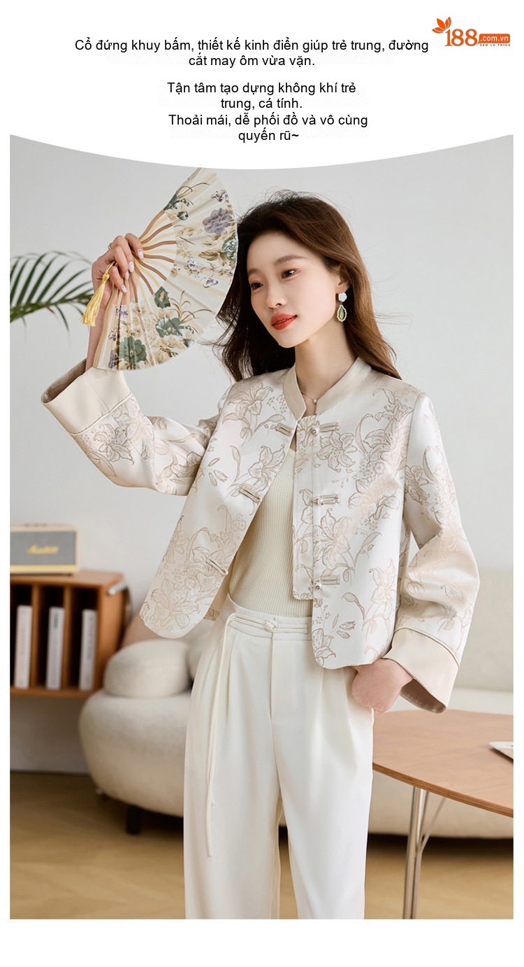 Áo Khoác Lửng Nữ Phong Cách Trung Hoa Cổ Điển Thêu Hoa Tay Lỡ Màu Trắng Kem, Hồng chi tiết 4