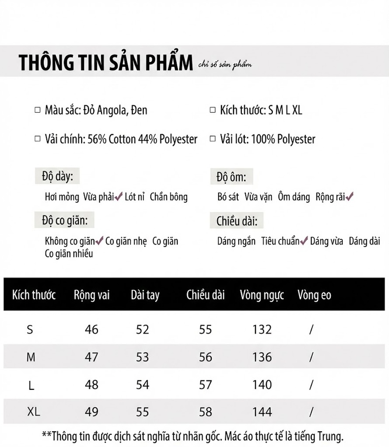 Áo Khoác Lửng Nữ Tay Dài Cổ Bẻ Dáng Rộng Thời Trang Thu Đông Màu Đỏ Rượu, Đen chi tiết 7