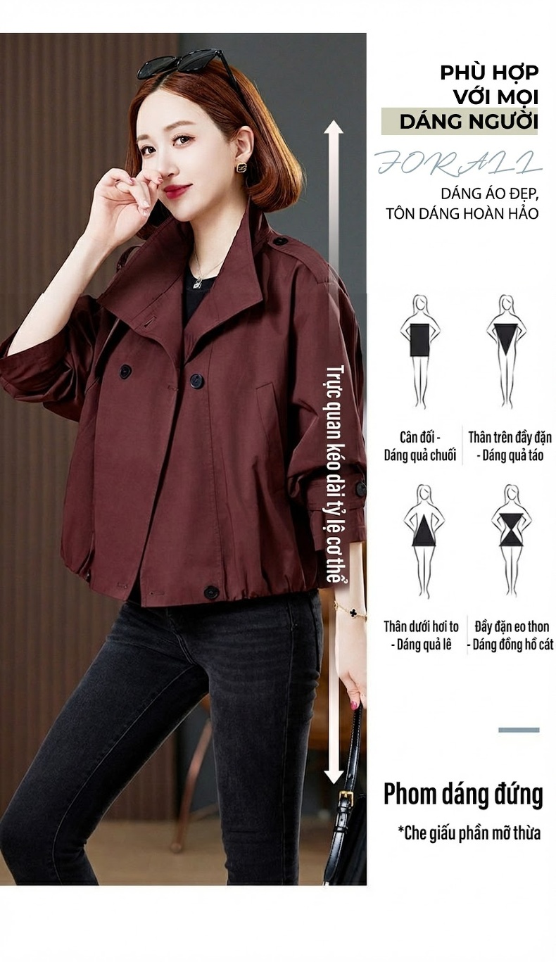 Áo Khoác Lửng Nữ Tay Dài Cổ Bẻ Dáng Rộng Thời Trang Thu Đông Màu Đỏ Rượu, Đen chi tiết 4