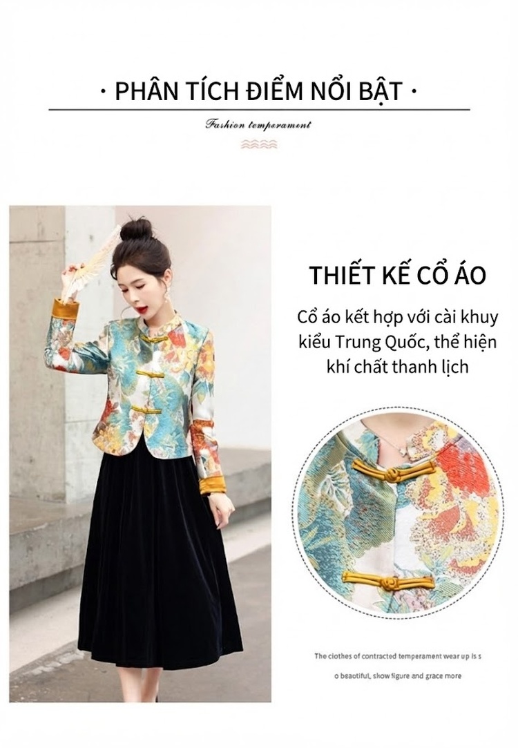 Áo Khoác Lửng Nữ Thêu Họa Tiết Phong Cách Trung Hoa, Áo Mã Giáp Nữ, Đầm Hai Dây Chữ A Cạp Cao Tôn Dáng Màu Đen chi tiết 5