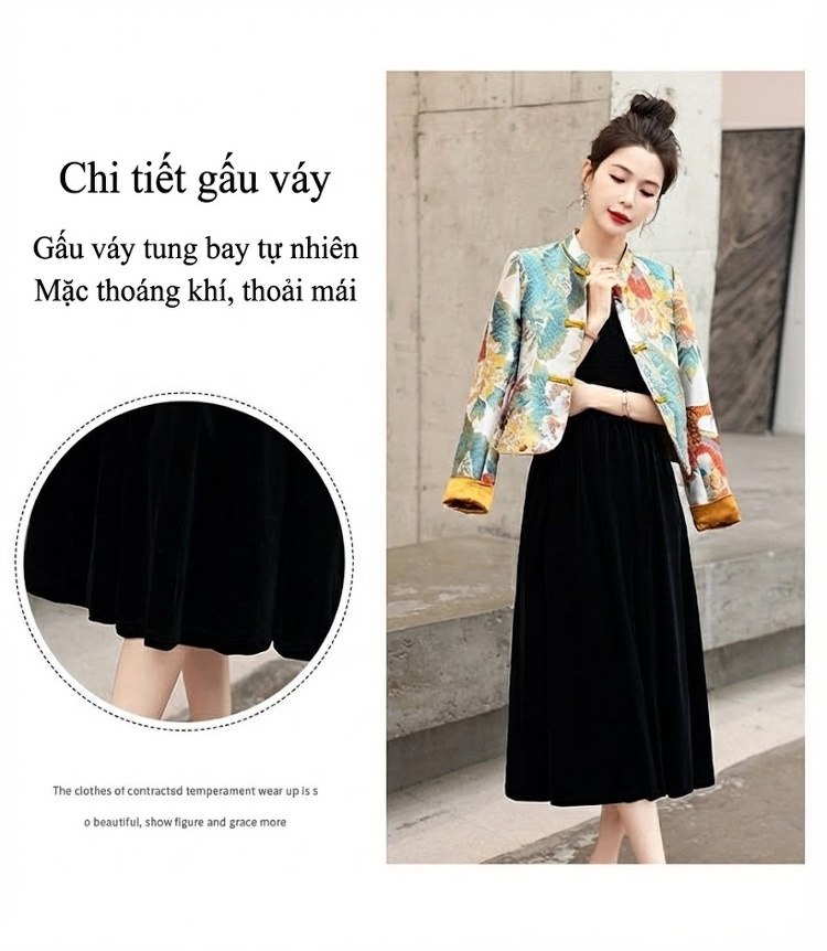 Áo Khoác Lửng Nữ Thêu Họa Tiết Phong Cách Trung Hoa, Áo Mã Giáp Nữ, Đầm Hai Dây Chữ A Cạp Cao Tôn Dáng Màu Đen chi tiết 7