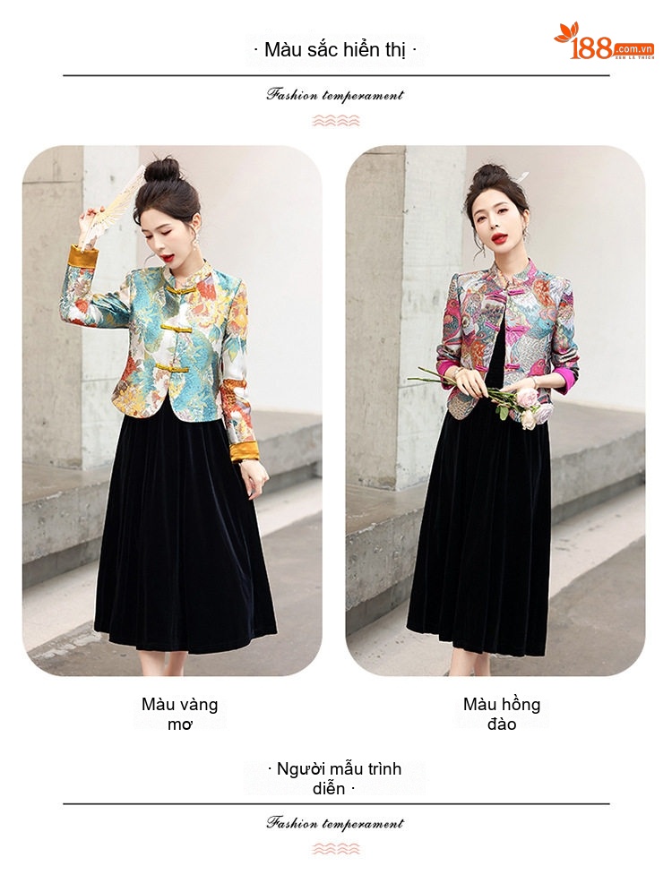 Áo Khoác Lửng Nữ Thêu Họa Tiết Phong Cách Trung Hoa, Áo Mã Giáp Nữ, Đầm Hai Dây Chữ A Cạp Cao Tôn Dáng Màu Đen chi tiết 9