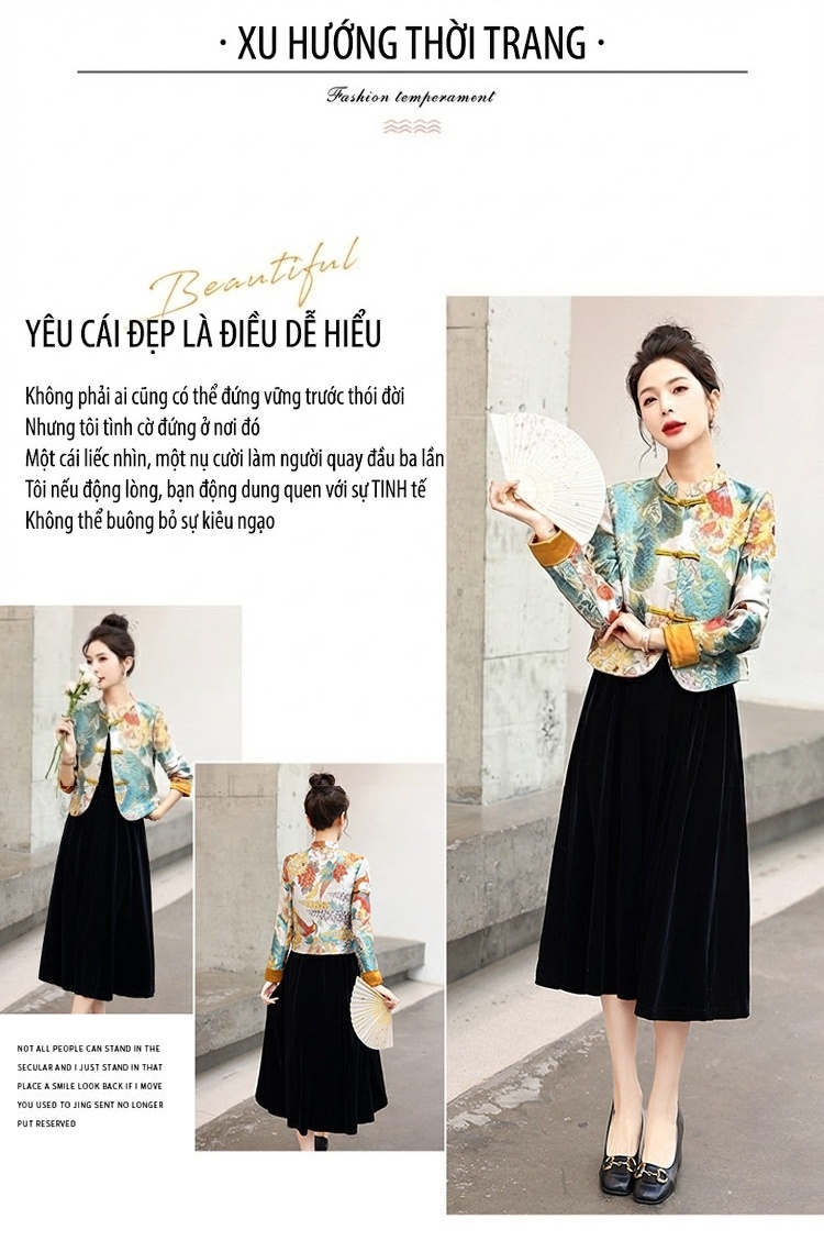 Áo Khoác Lửng Nữ Thêu Họa Tiết Phong Cách Trung Hoa, Áo Mã Giáp Nữ, Đầm Hai Dây Chữ A Cạp Cao Tôn Dáng Màu Đen chi tiết 4