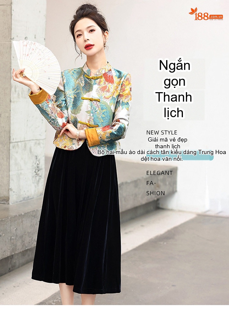 Áo Khoác Lửng Nữ Thêu Họa Tiết Phong Cách Trung Hoa, Áo Mã Giáp Nữ, Đầm Hai Dây Chữ A Cạp Cao Tôn Dáng Màu Đen chi tiết 1