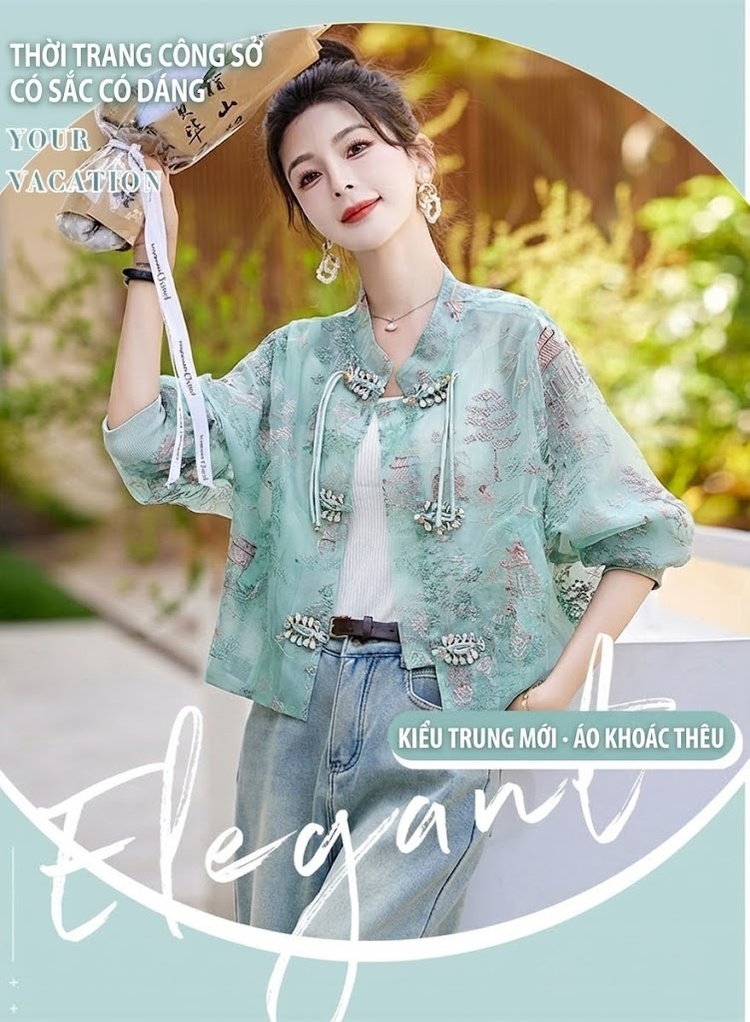 Áo Khoác Lửng Nữ Thêu Họa Tiết Phong Cách Trung Hoa Thiết Kế Sang Trọng Thoáng Mát Màu Xanh, Trắng, Hồng chi tiết 1