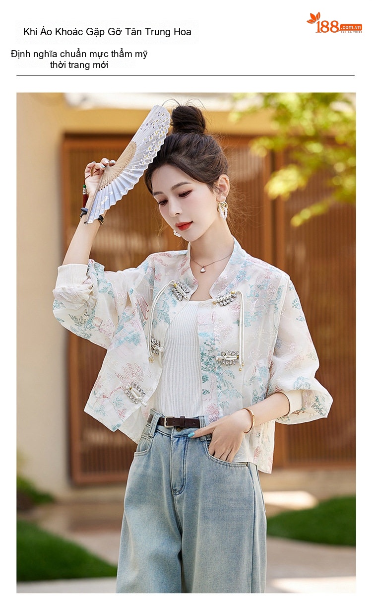 Áo Khoác Lửng Nữ Thêu Họa Tiết Phong Cách Trung Hoa Thiết Kế Sang Trọng Thoáng Mát Màu Xanh, Trắng, Hồng chi tiết 2