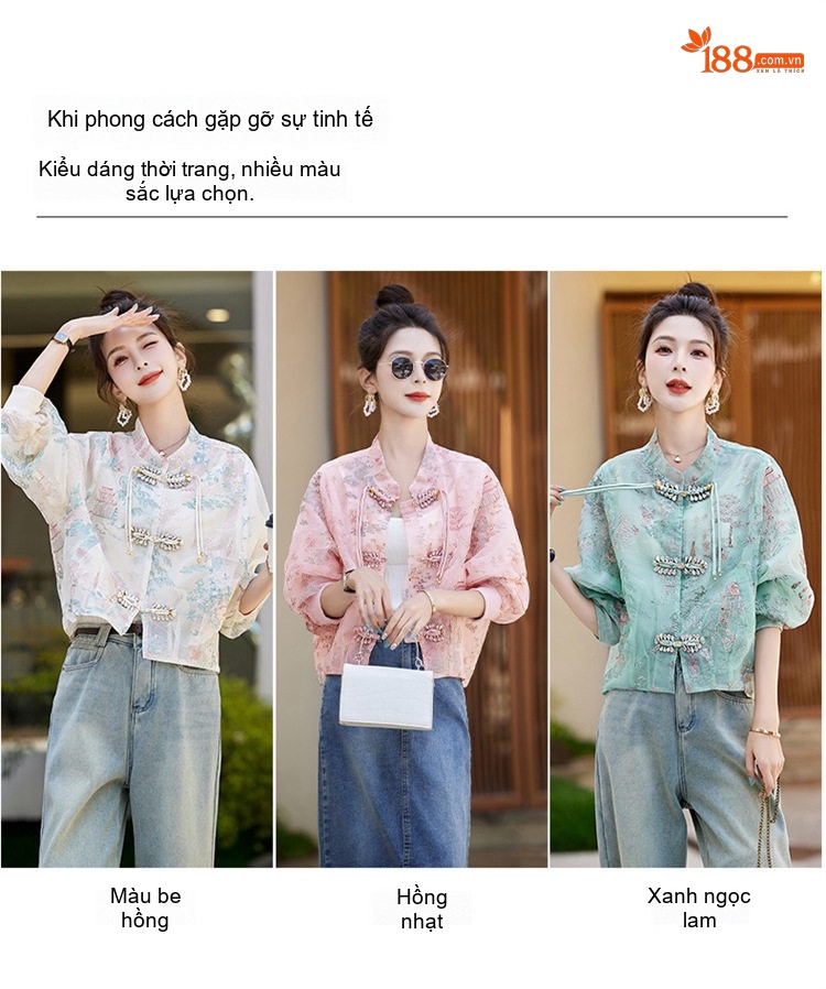Áo Khoác Lửng Nữ Thêu Họa Tiết Phong Cách Trung Hoa Thiết Kế Sang Trọng Thoáng Mát Màu Xanh, Trắng, Hồng chi tiết 3
