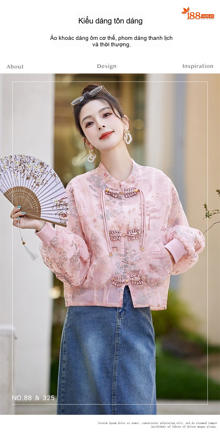 Áo Khoác Lửng Nữ Thêu Họa Tiết Phong Cách Trung Hoa Thiết Kế Sang Trọng Thoáng Mát Màu Xanh, Trắng, Hồng chi tiết 4