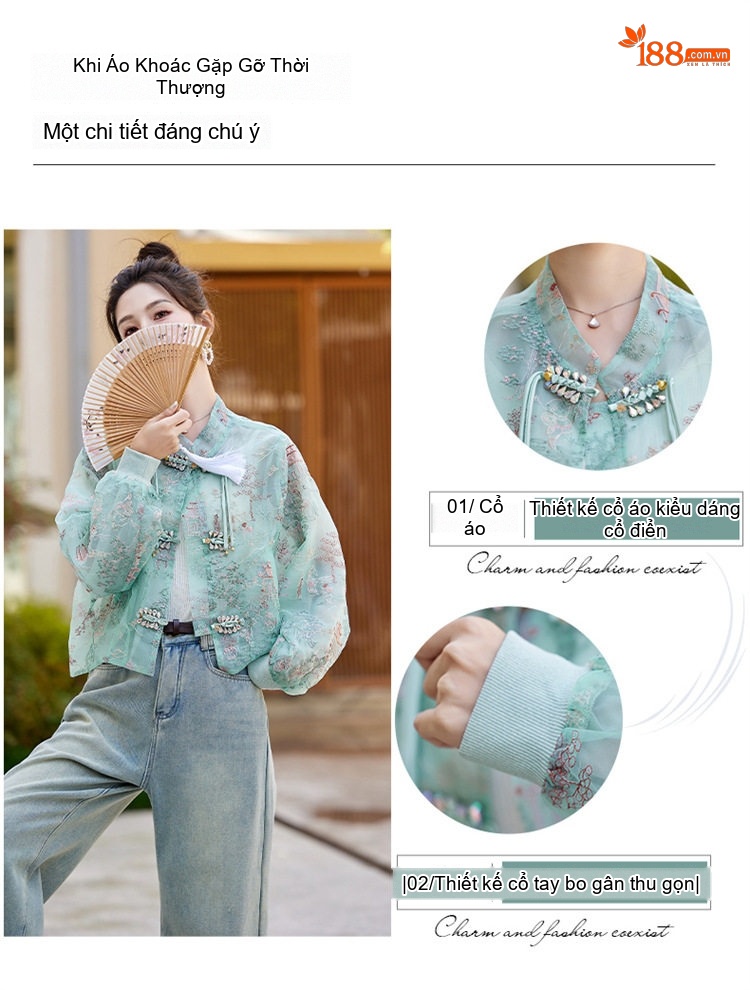 Áo Khoác Lửng Nữ Thêu Họa Tiết Phong Cách Trung Hoa Thiết Kế Sang Trọng Thoáng Mát Màu Xanh, Trắng, Hồng chi tiết 5